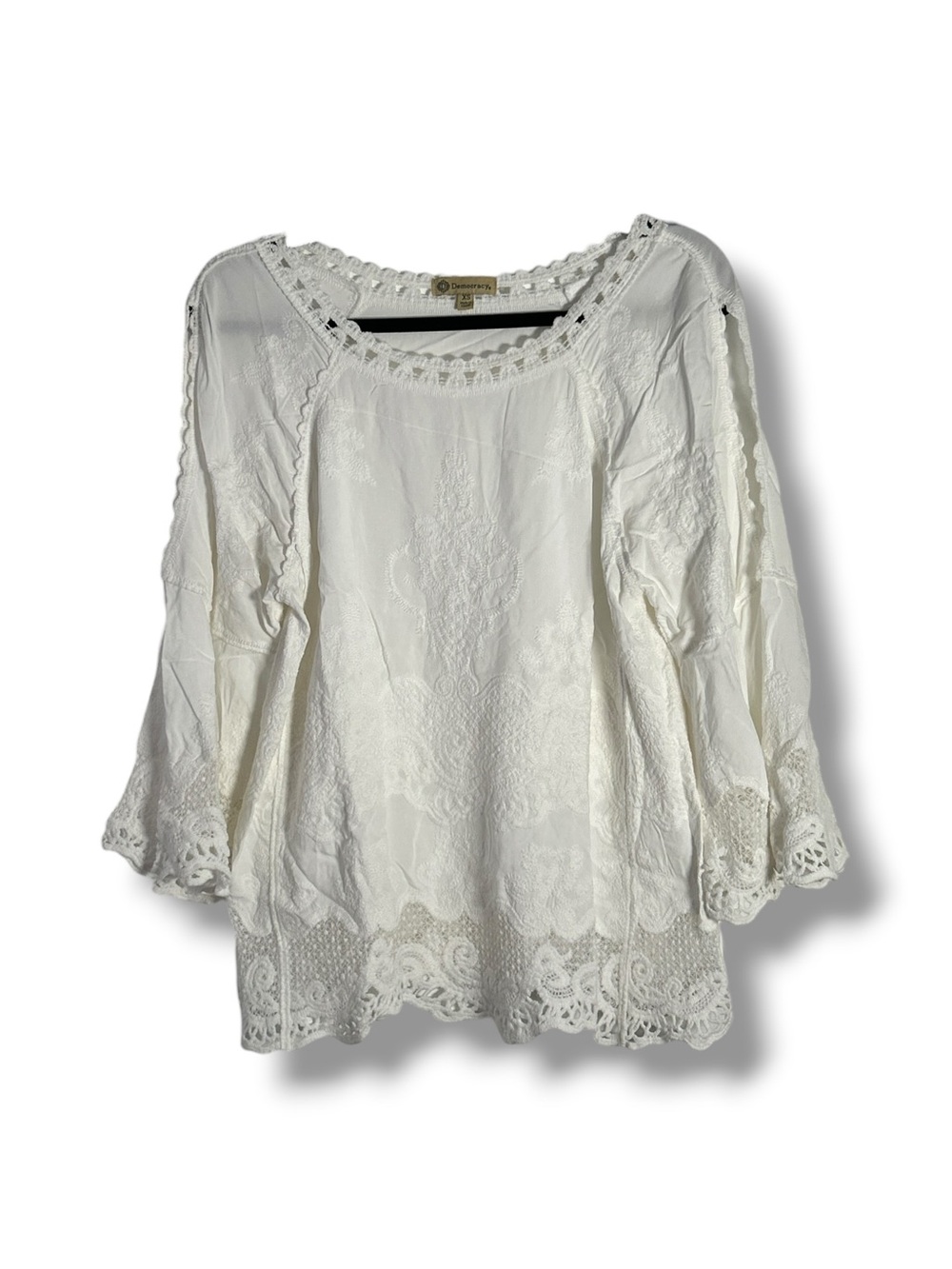 Democracy Boho Lace Crochet Trim Off White Tops Size XS - “Chrysanta”